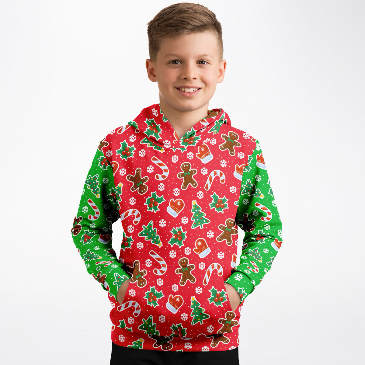 Kids Red & Green Christmas Icons Hoodie – Ultra Comfy & Stretchy, Cozy Fleece or Lightweight Sports Fabric, Double-Layer Hood & Kangaroo Pocket
