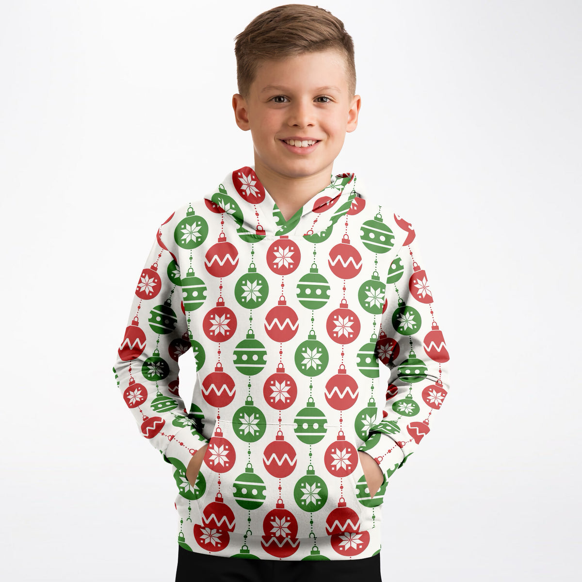 Kids Christmas Red & Green Christmas Ornaments Hoodie – Ultra Comfy & Stretchy, Cozy Fleece or Lightweight Sports Fabric, Double-Layer Hood & Kangaroo Pocket