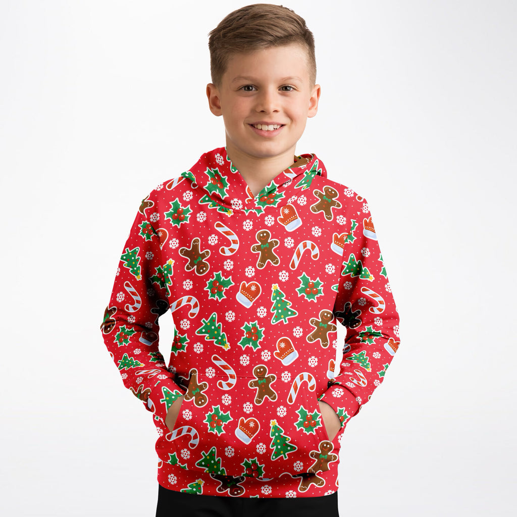 Kids Red Christmas Icons Hoodie – Ultra Comfy & Stretchy, Cozy Fleece or Lightweight Sports Fabric, Double-Layer Hood & Kangaroo Pocket