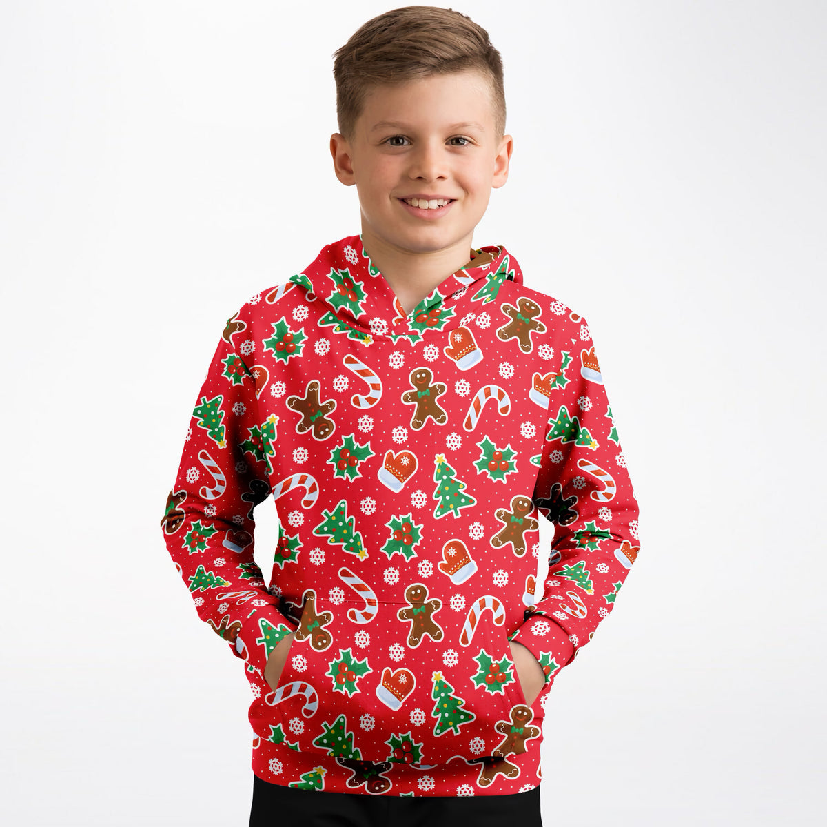 Kids Red Christmas Icons Hoodie – Ultra Comfy & Stretchy, Cozy Fleece or Lightweight Sports Fabric, Double-Layer Hood & Kangaroo Pocket