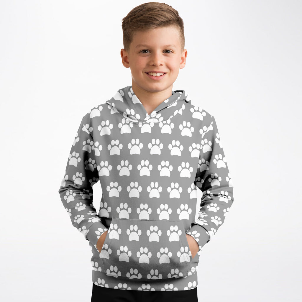 Kids Gray Paw Print Hoodie – Ultra Comfy & Stretchy, Cozy Fleece or Lightweight Sports Fabric, Double-Layer Hood & Kangaroo Pocket
