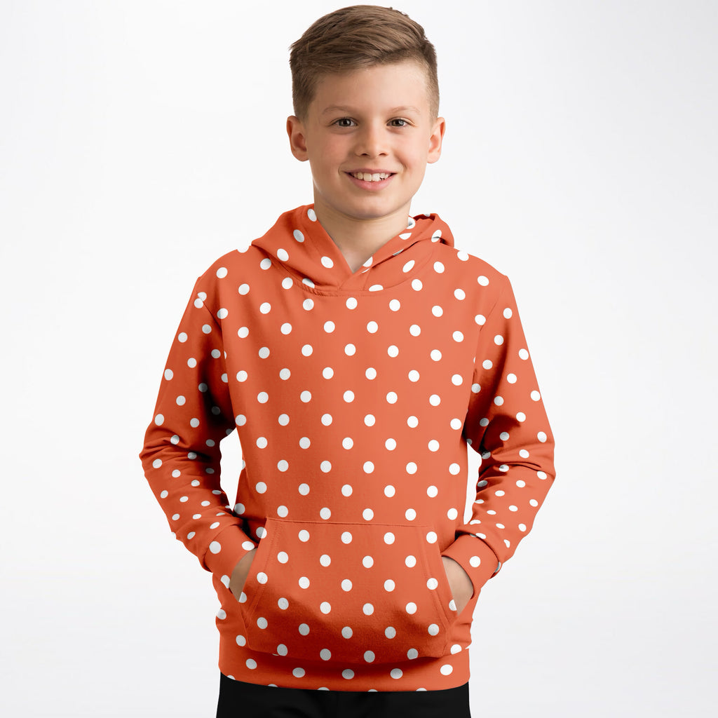 Kids Bright Orange Polka Dot Hoodie – Ultra Comfy & Stretchy, Cozy Fleece or Lightweight Sports Fabric, Double-Layer Hood & Kangaroo Pocket