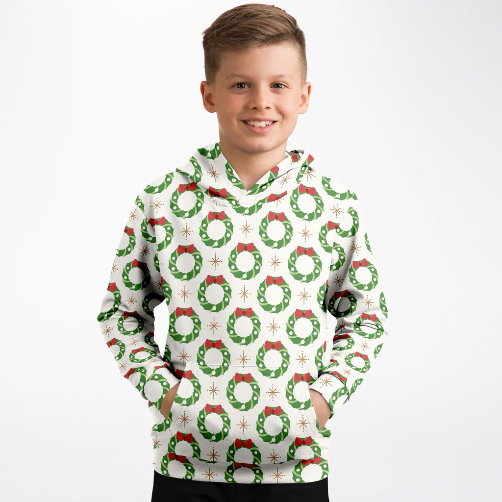 Kids Christmas Wreath Hoodie – Ultra Comfy & Stretchy, Cozy Fleece or Lightweight Sports Fabric, Double-Layer Hood & Kangaroo Pocket