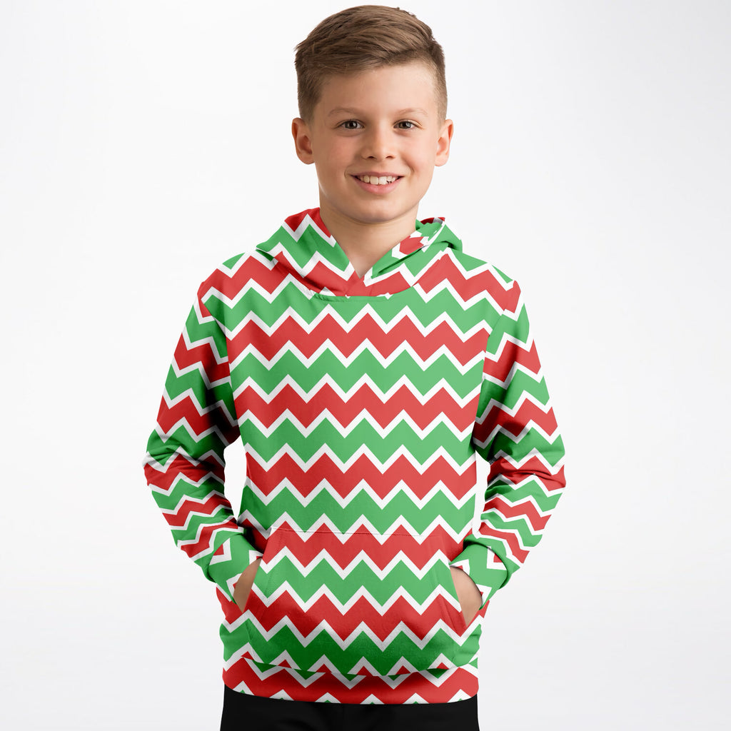 Kids Red & Green Christmas Chevron Hoodie – Ultra Comfy & Stretchy, Cozy Fleece or Lightweight Sports Fabric, Double-Layer Hood & Kangaroo Pocket