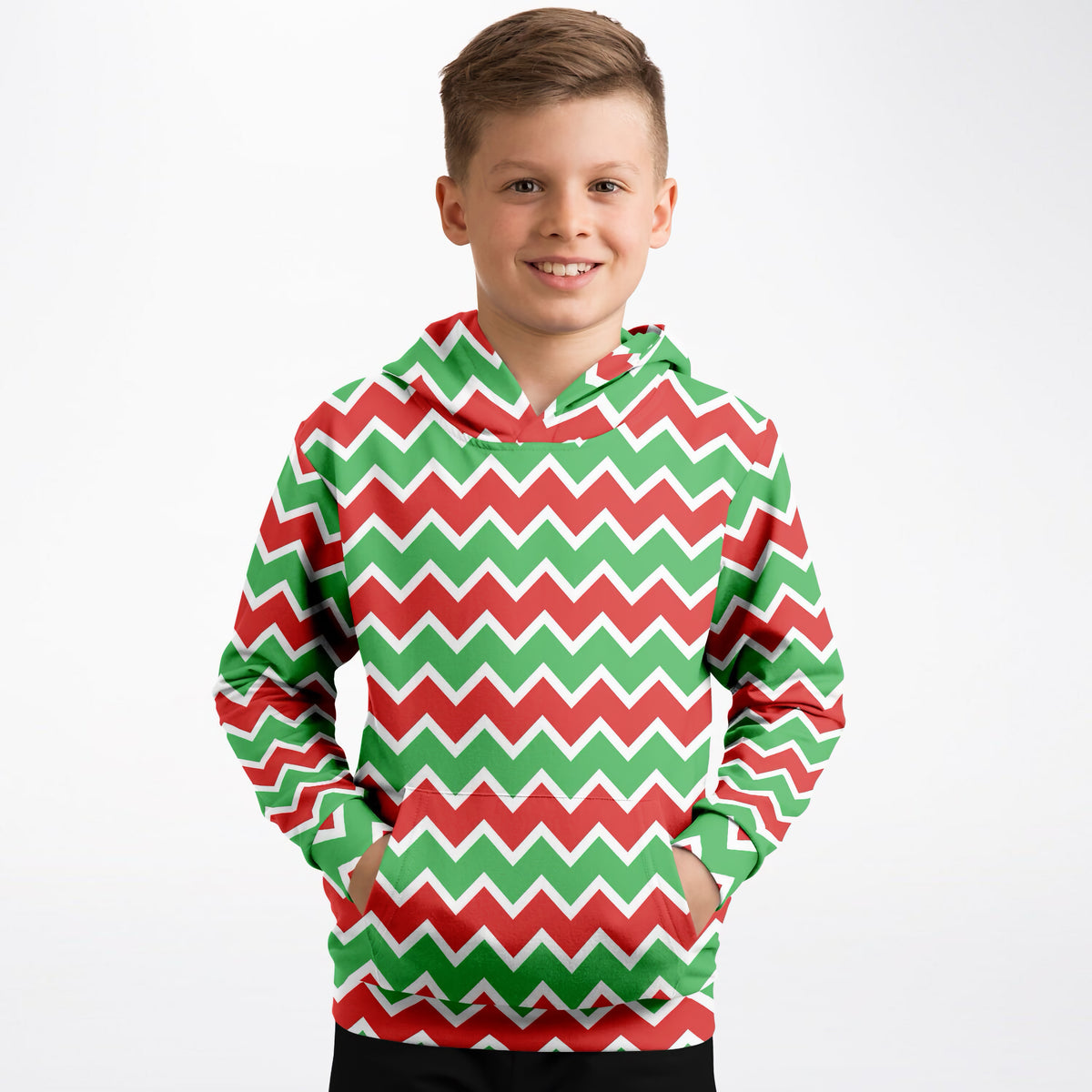 Kids Red & Green Christmas Chevron Hoodie – Ultra Comfy & Stretchy, Cozy Fleece or Lightweight Sports Fabric, Double-Layer Hood & Kangaroo Pocket