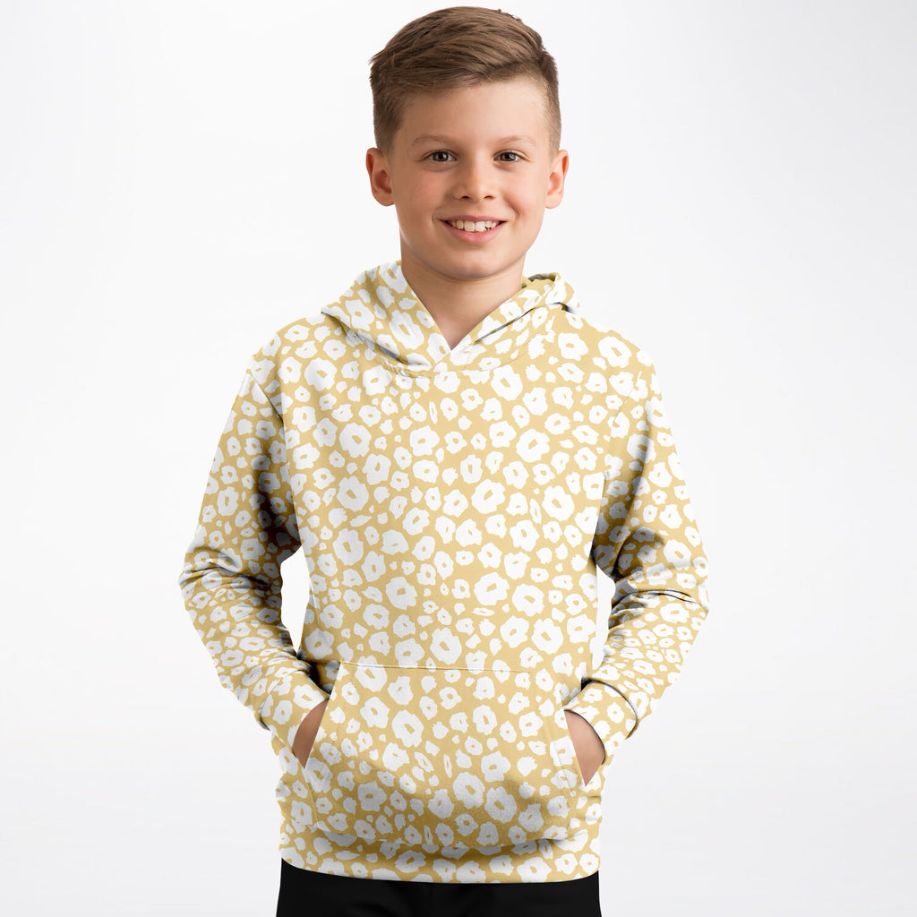 Kids Light Yellow Leopard Hoodie – Ultra Comfy & Stretchy, Cozy Fleece or Lightweight Sports Fabric, Double-Layer Hood & Kangaroo Pocket