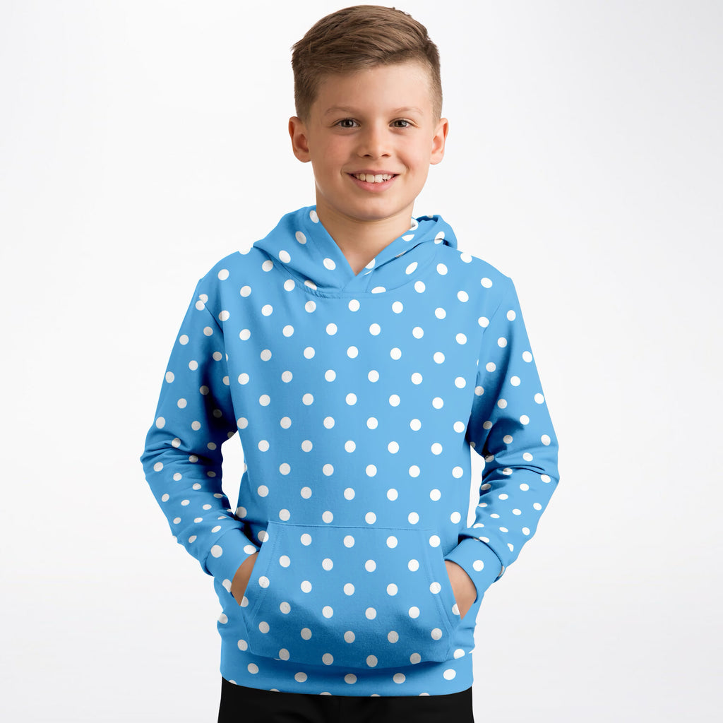 Kids Sky Blue Polka Dot Hoodie – Ultra Comfy & Stretchy, Cozy Fleece or Lightweight Sports Fabric, Double-Layer Hood & Kangaroo Pocket