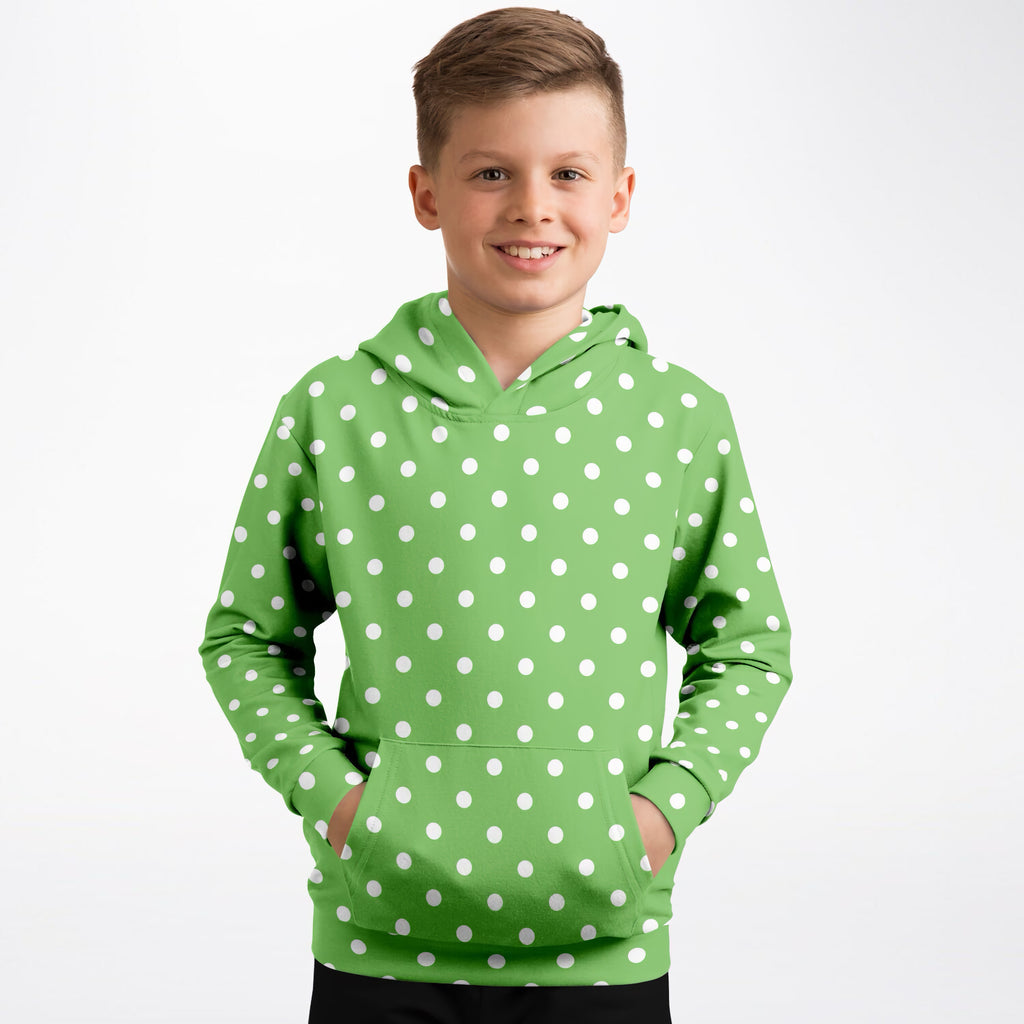 Kids Green Polka Dot Hoodie – Ultra Comfy & Stretchy, Cozy Fleece or Lightweight Sports Fabric, Double-Layer Hood & Kangaroo Pocket