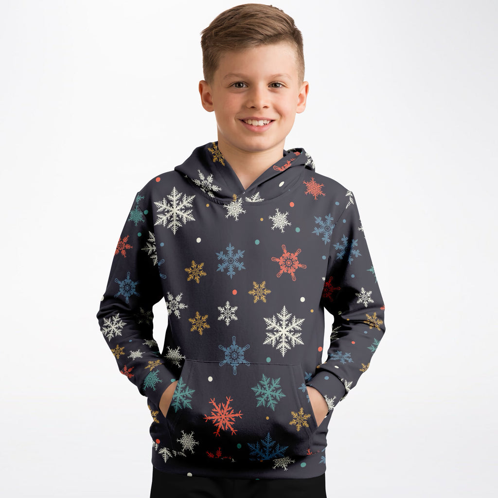 Kids Colorful Snowflake Christmas Hoodie – Ultra Comfy & Stretchy, Cozy Fleece or Lightweight Sports Fabric, Double-Layer Hood & Kangaroo Pocket