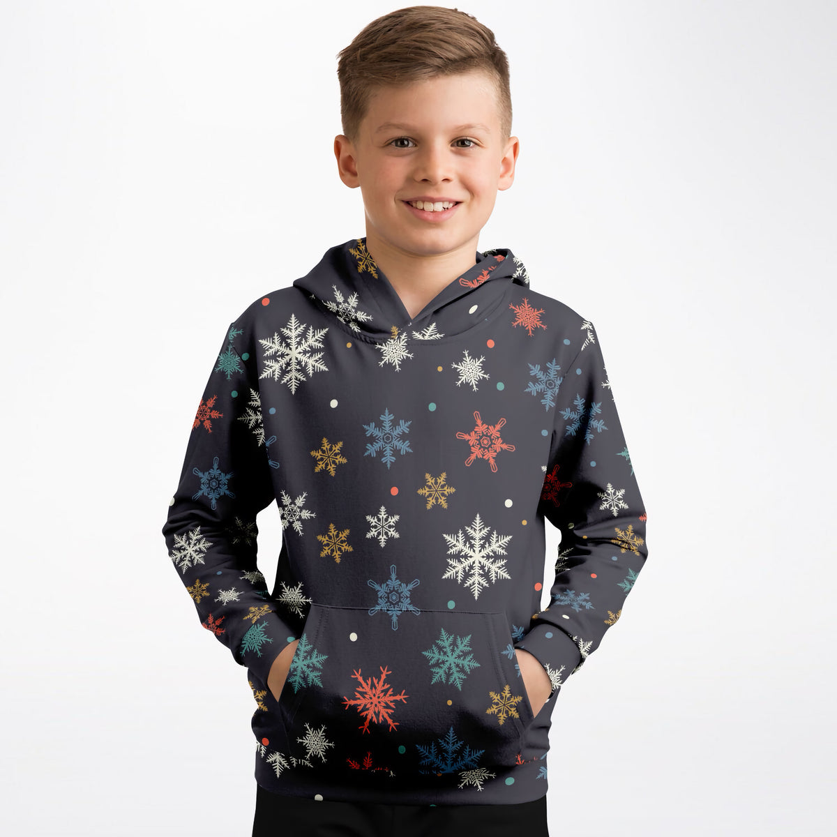 Kids Colorful Snowflake Christmas Hoodie – Ultra Comfy & Stretchy, Cozy Fleece or Lightweight Sports Fabric, Double-Layer Hood & Kangaroo Pocket