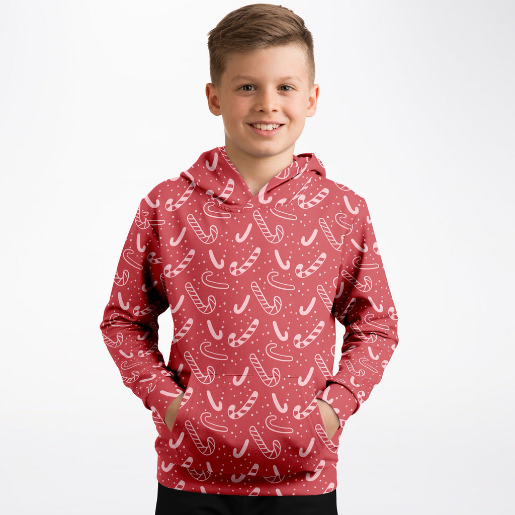 Kids Red Candy Cane Christmas Hoodie – Ultra Comfy & Stretchy, Cozy Fleece or Lightweight Sports Fabric, Double-Layer Hood & Kangaroo Pocket