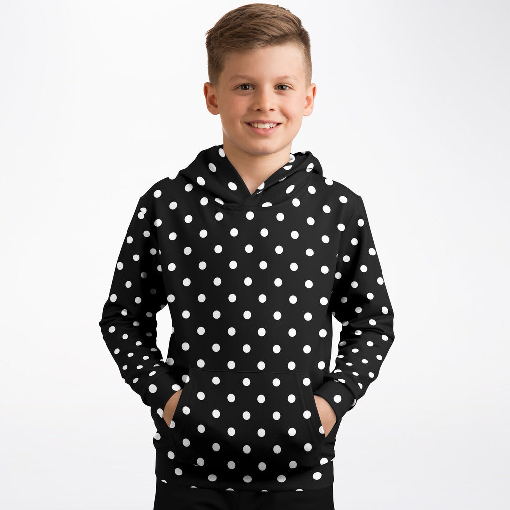 Kids Black Polka Dot Hoodie – Ultra Comfy & Stretchy, Cozy Fleece or Lightweight Sports Fabric, Double-Layer Hood & Kangaroo Pocket