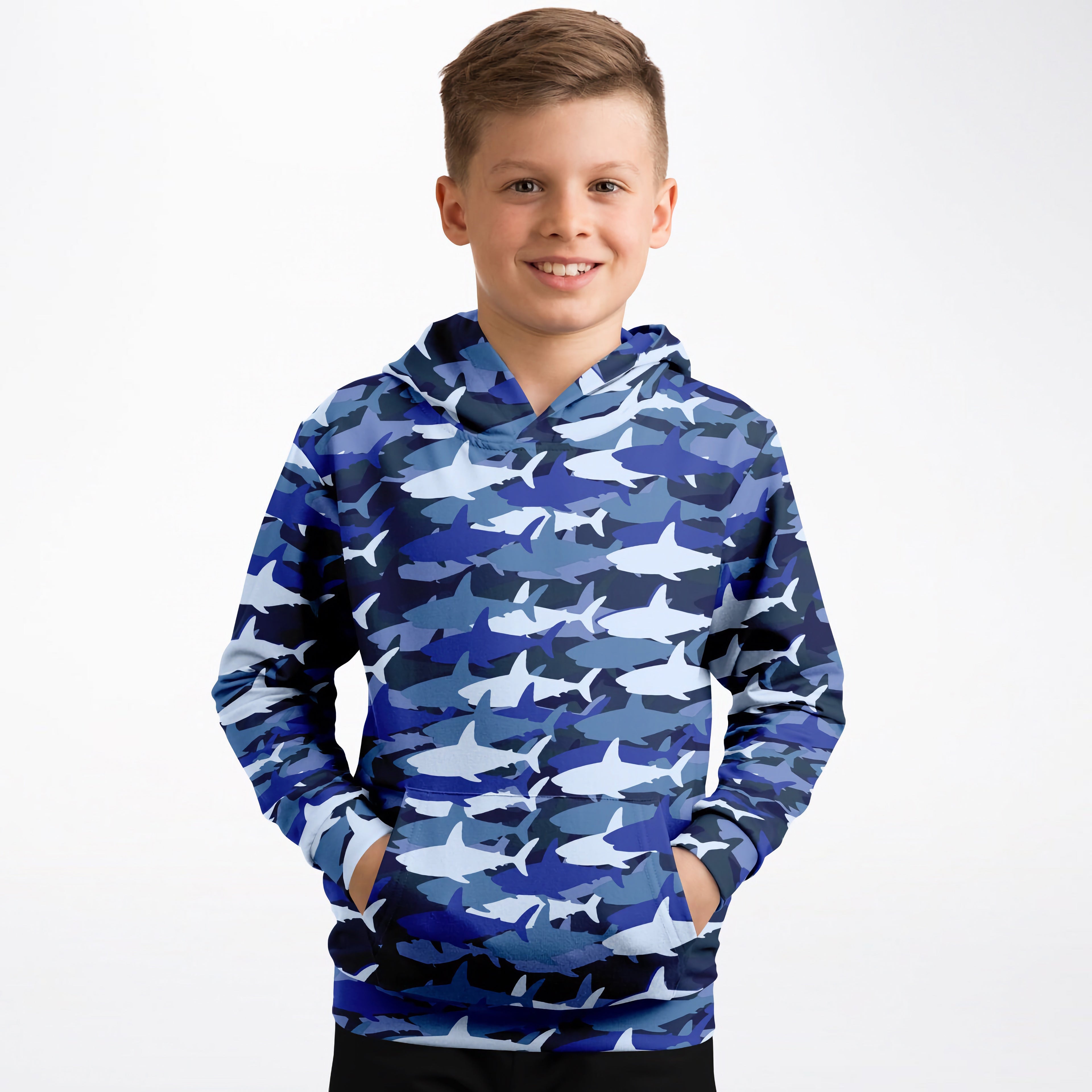 Kids blue shark hoodie with white camouflage pattern made from cozy cotton fleece or lightweight sports fabric