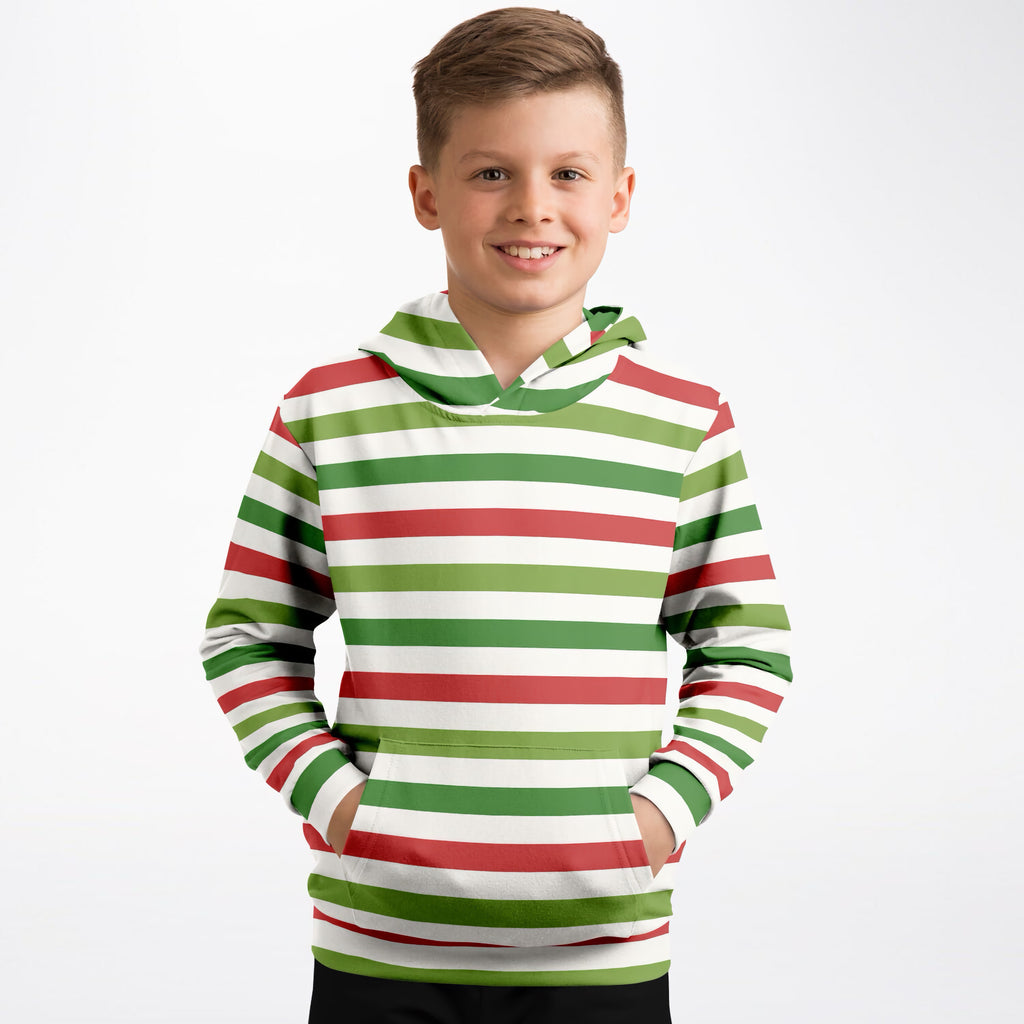 Kids Christmas Red & Green Striped Hoodie – Ultra Comfy & Stretchy, Cozy Fleece or Lightweight Sports Fabric, Double-Layer Hood & Kangaroo Pocket