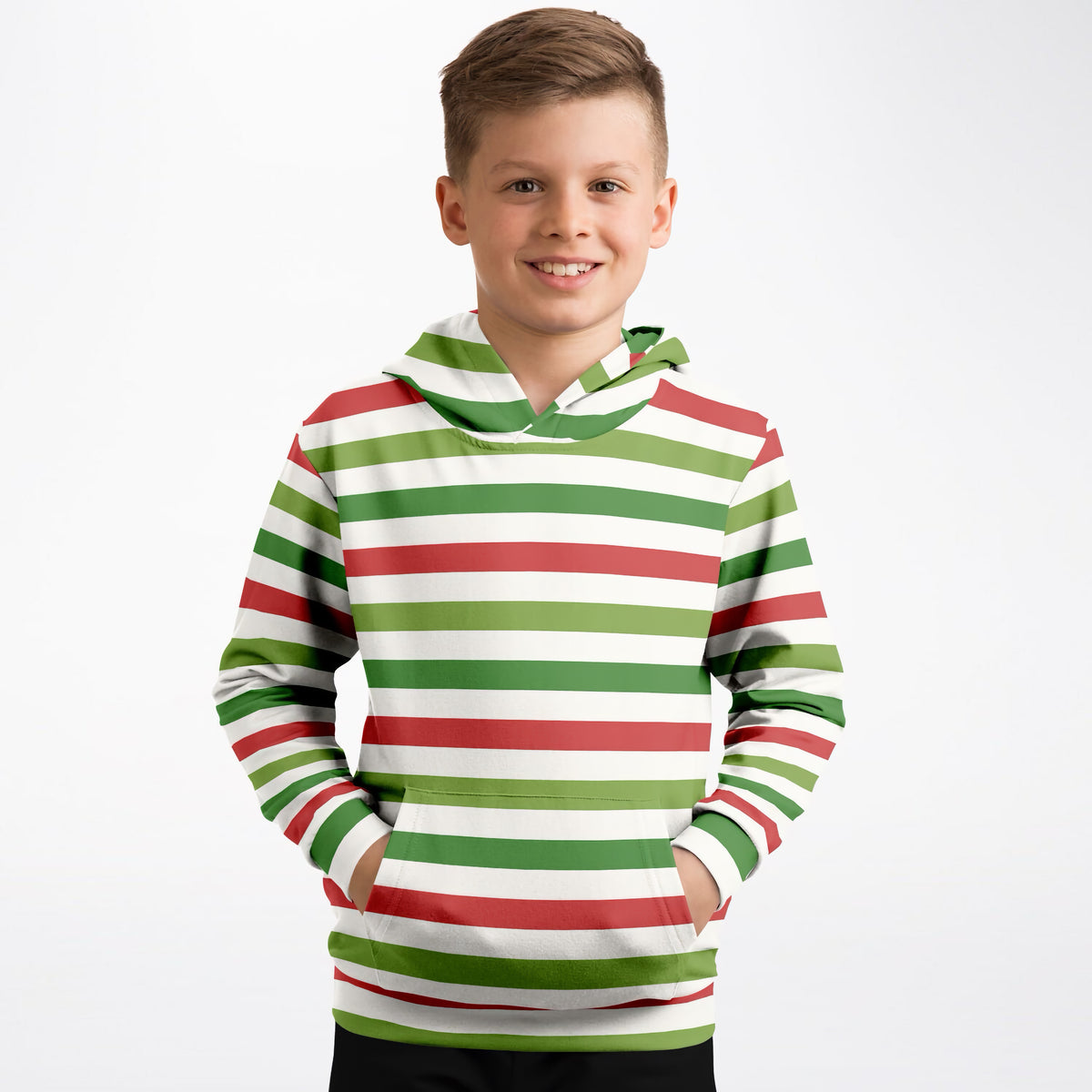 Kids Christmas Red & Green Striped Hoodie – Ultra Comfy & Stretchy, Cozy Fleece or Lightweight Sports Fabric, Double-Layer Hood & Kangaroo Pocket