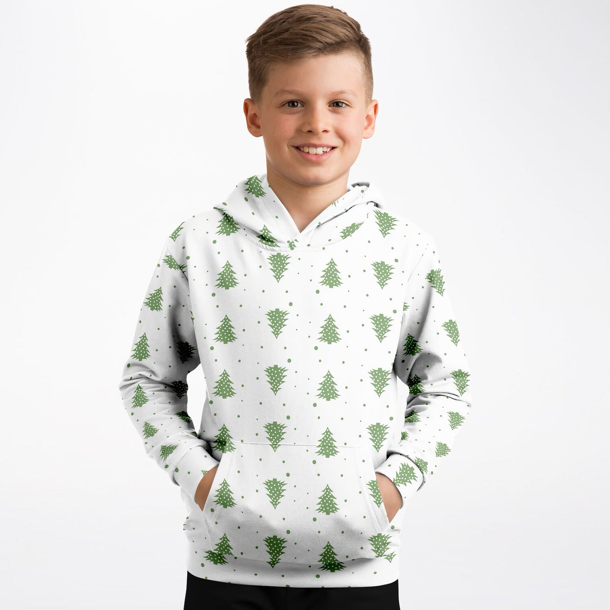 Kids Green Christmas Tree Hoodie – Ultra Comfy & Stretchy, Cozy Fleece or Lightweight Sports Fabric, Double-Layer Hood & Kangaroo Pocket