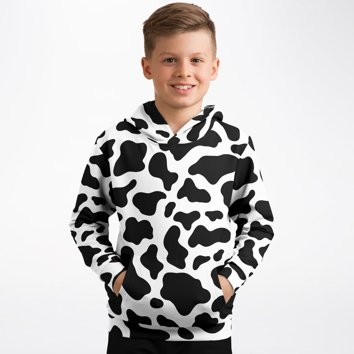 Kids Cow Print Hoodie – Ultra Comfy & Stretchy, Cozy Fleece or Lightweight Sports Fabric, Double-Layer Hood & Kangaroo Pocket