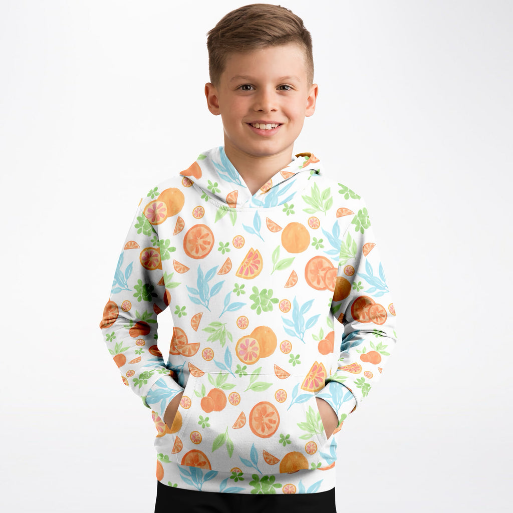 Kids Watercolor Orange Citrus Hoodie – Ultra Comfy & Stretchy, Cozy Fleece or Lightweight Sports Fabric, Double-Layer Hood & Kangaroo Pocket