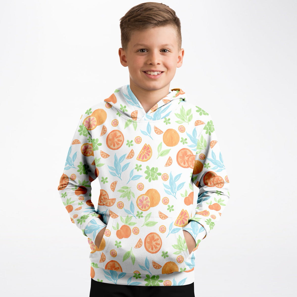 Kids Watercolor Orange Citrus Hoodie – Ultra Comfy & Stretchy, Cozy Fleece or Lightweight Sports Fabric, Double-Layer Hood & Kangaroo Pocket