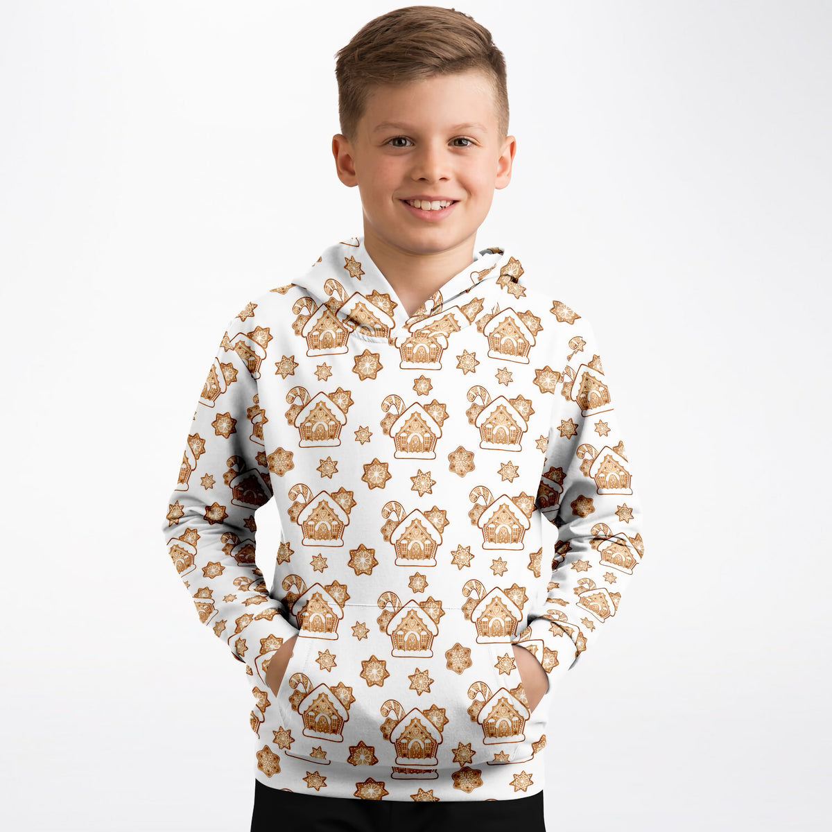 Kids Gingerbread House Christmas Hoodie – Ultra Comfy & Stretchy, Cozy Fleece or Lightweight Sports Fabric, Double-Layer Hood & Kangaroo Pocket