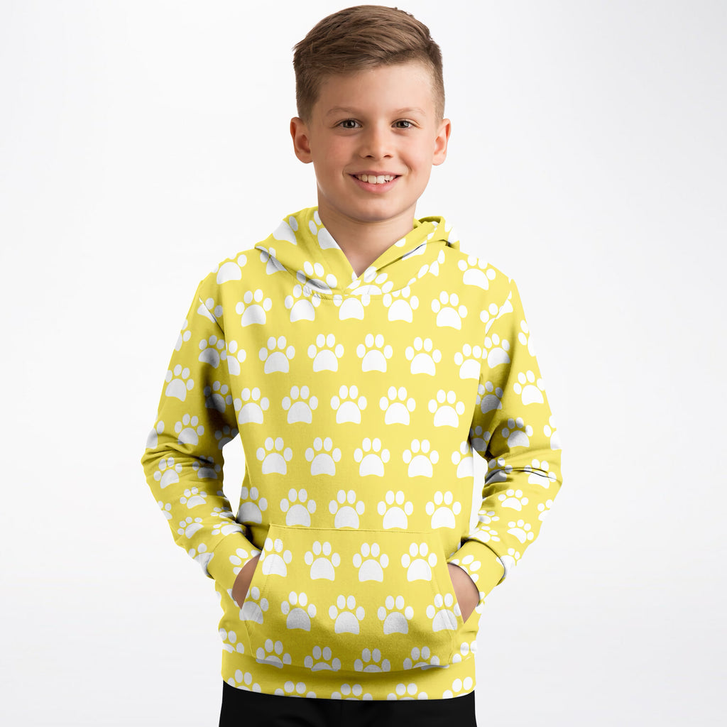 Kids Yellow Paw Print Hoodie – Ultra Comfy & Stretchy, Cozy Fleece or Lightweight Sports Fabric, Double-Layer Hood & Kangaroo Pocket