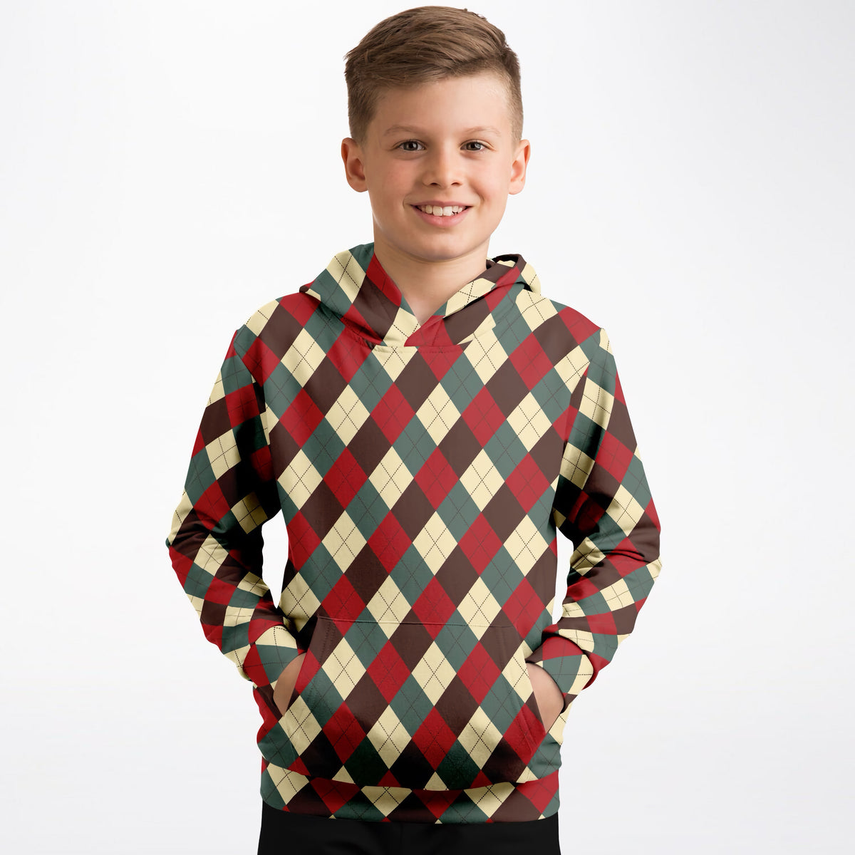 Kids Vintage Christmas Argyle Hoodie – Ultra Comfy & Stretchy, Cozy Fleece or Lightweight Sports Fabric, Double-Layer Hood & Kangaroo Pocket