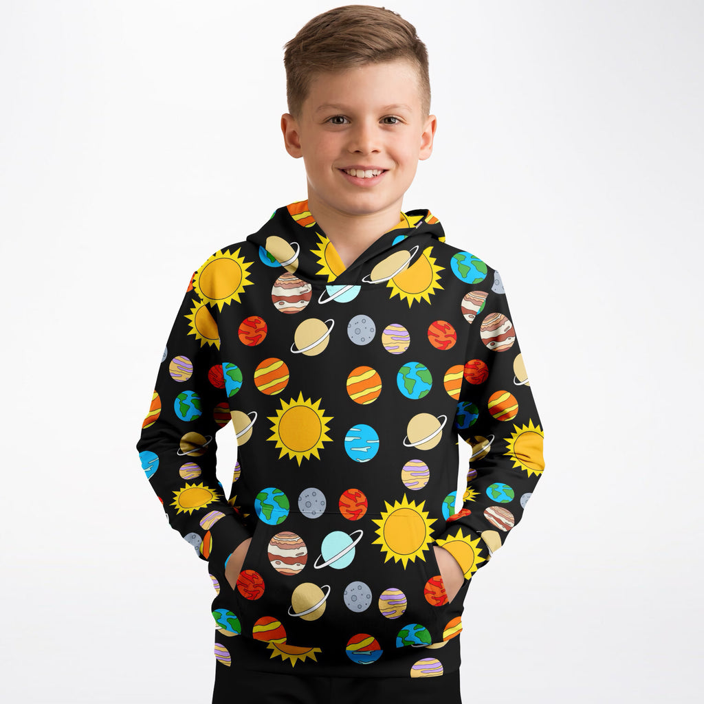 Kids Solar System Planets Hoodie – Ultra Comfy & Stretchy, Cozy Fleece or Lightweight Sports Fabric, Double-Layer Hood & Kangaroo Pocket