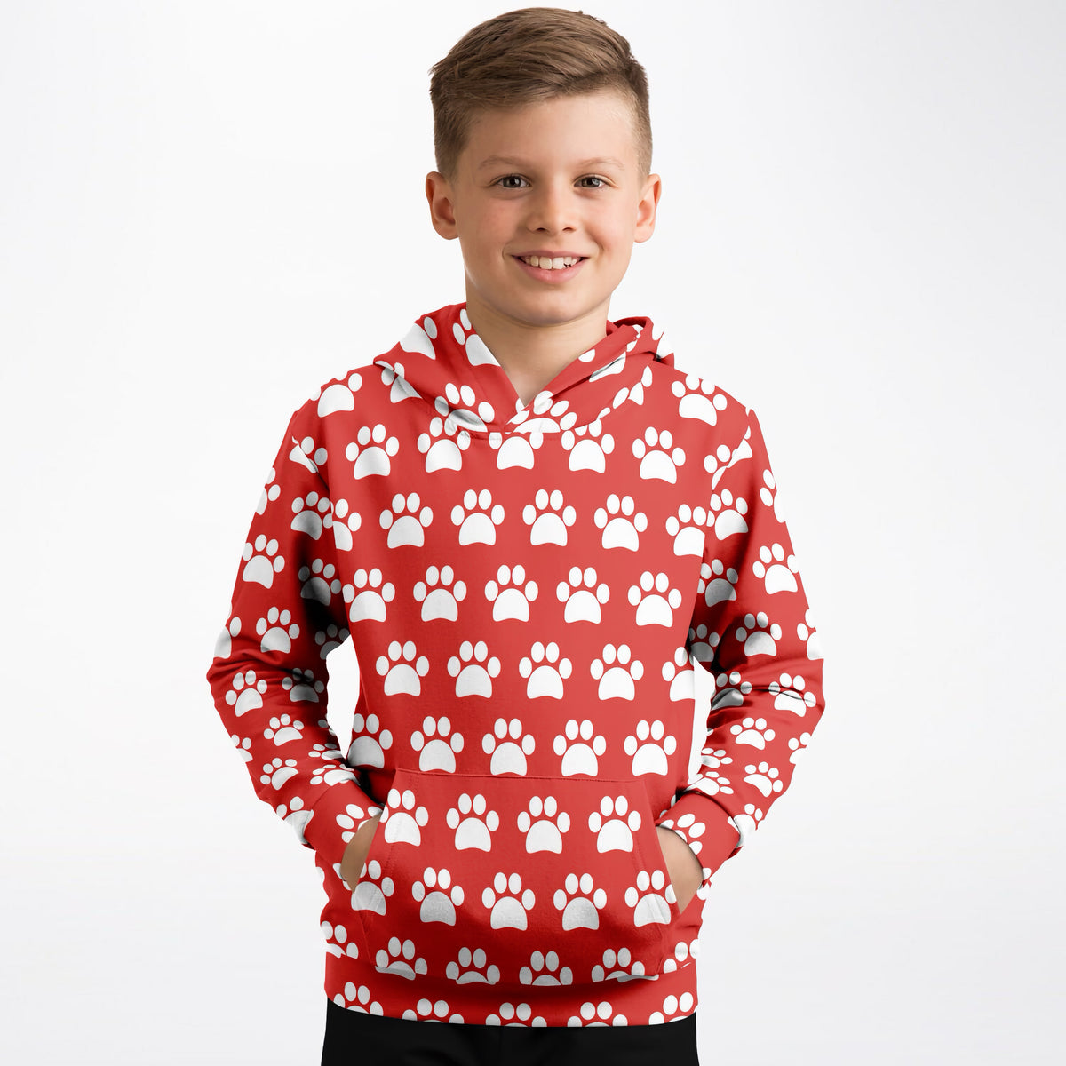 Kids Red Paw Print Hoodie – Ultra Comfy & Stretchy, Cozy Fleece or Lightweight Sports Fabric, Double-Layer Hood & Kangaroo Pocket