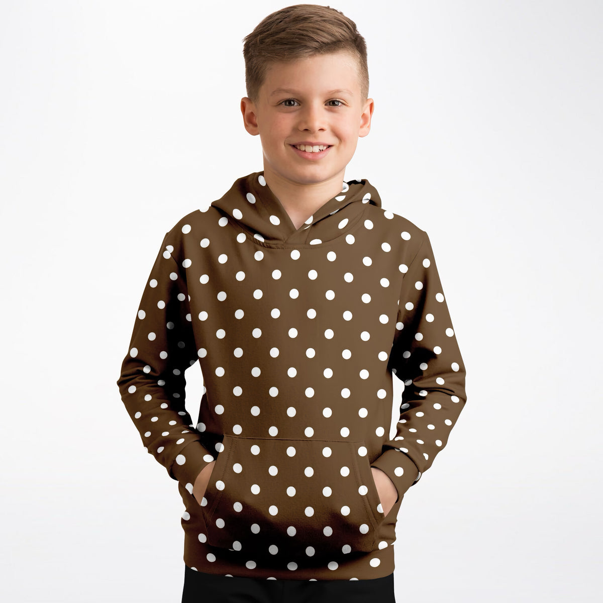 Kids Brown Polka Dot Hoodie – Ultra Comfy & Stretchy, Cozy Fleece or Lightweight Sports Fabric, Double-Layer Hood & Kangaroo Pocket