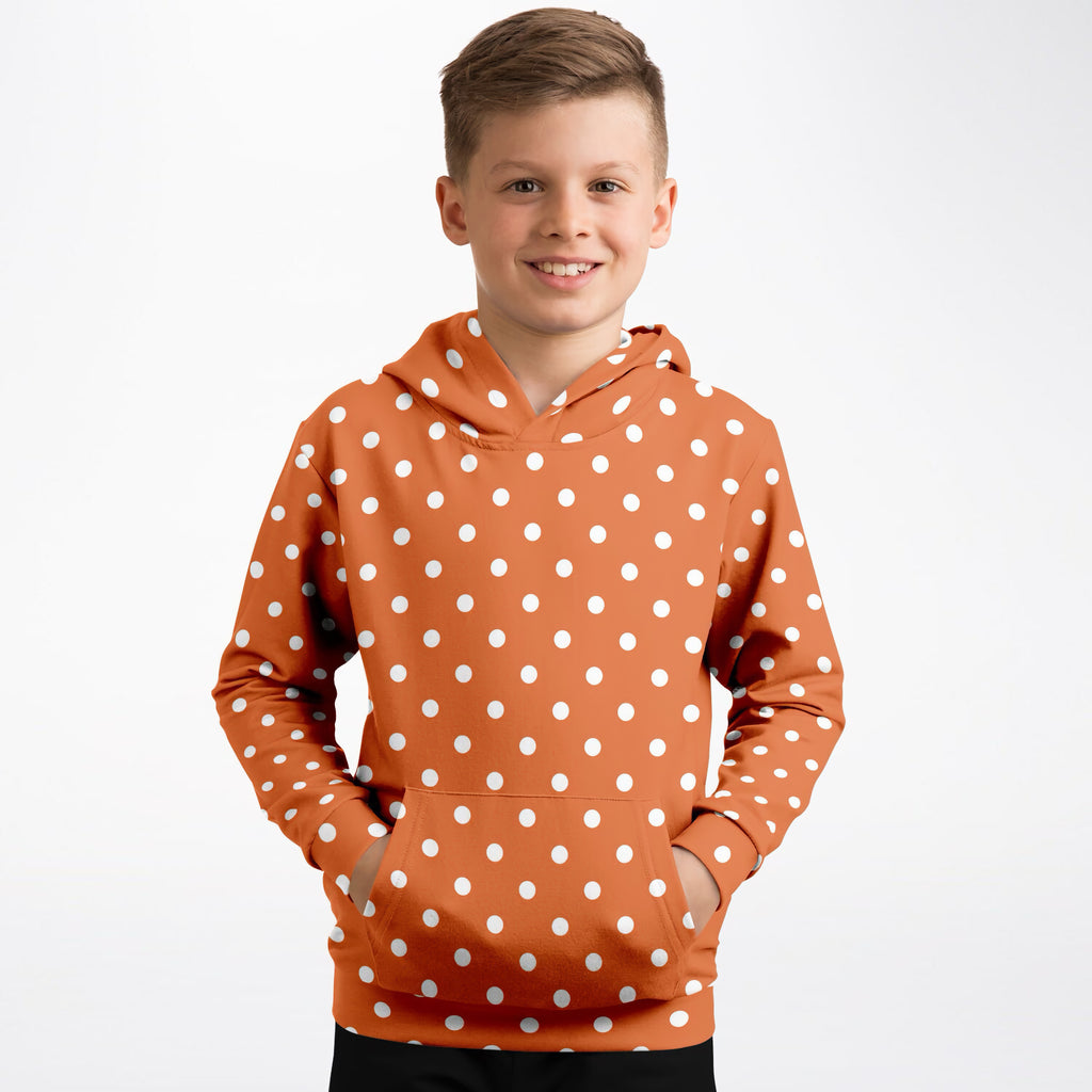 Kids Orange Polka Dot Hoodie – Ultra Comfy & Stretchy, Cozy Fleece or Lightweight Sports Fabric, Double-Layer Hood & Kangaroo Pocket