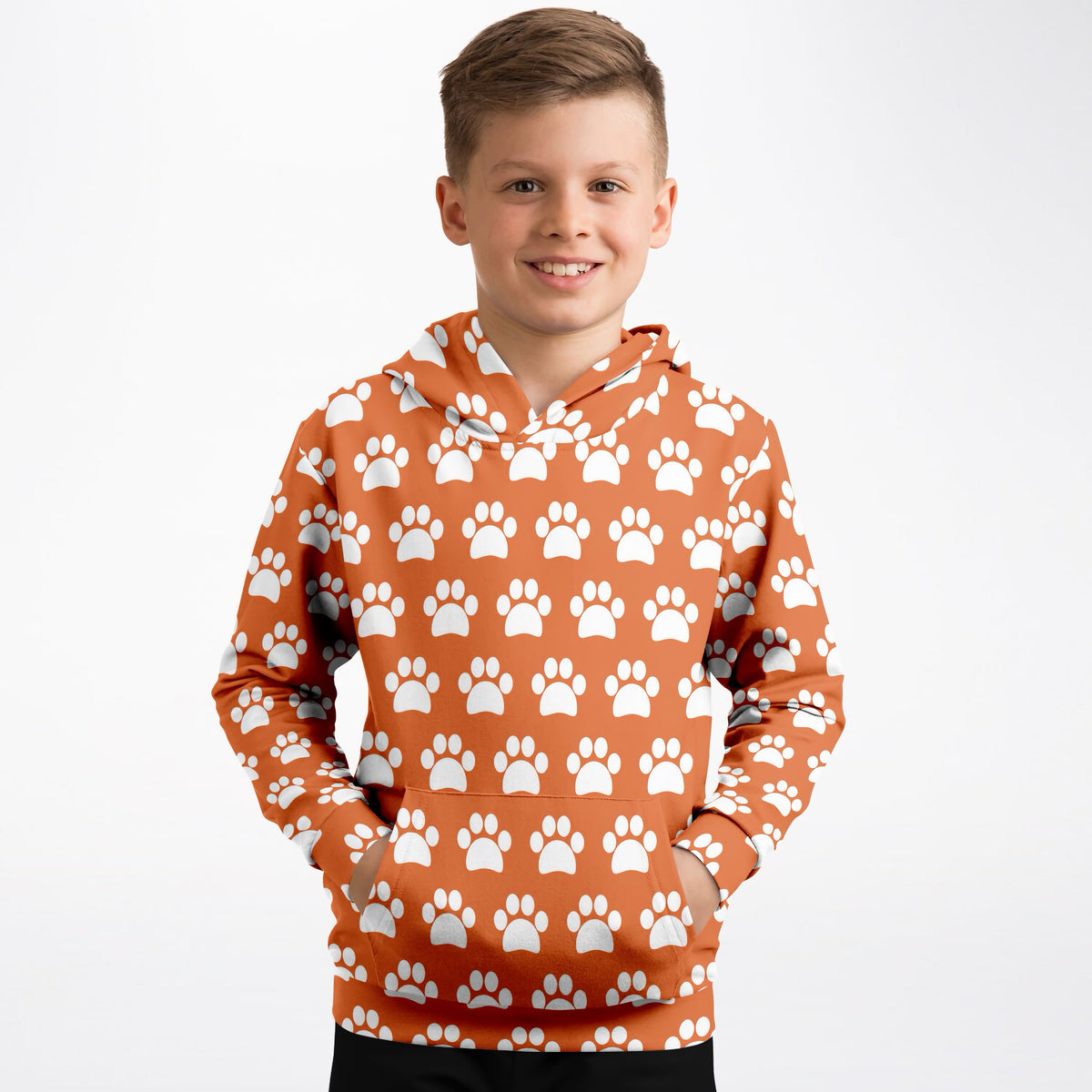 Kids Orange Paw Print Hoodie – Ultra Comfy & Stretchy, Cozy Fleece or Lightweight Sports Fabric, Double-Layer Hood & Kangaroo Pocket