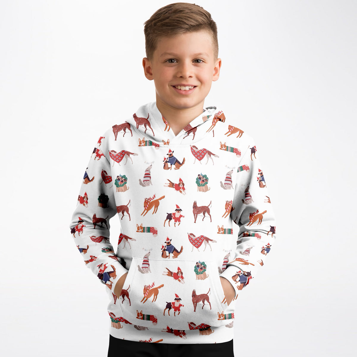 Kids Christmas Dogs Hoodie – Ultra Comfy & Stretchy, Cozy Fleece or Lightweight Sports Fabric, Double-Layer Hood & Kangaroo Pocket