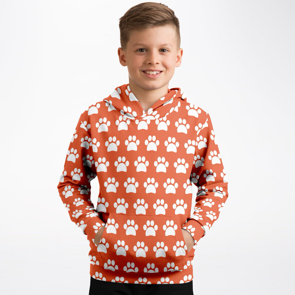 Kids Orange Paw Print Hoodie – Ultra Comfy & Stretchy, Cozy Fleece or Lightweight Sports Fabric, Double-Layer Hood & Kangaroo Pocket