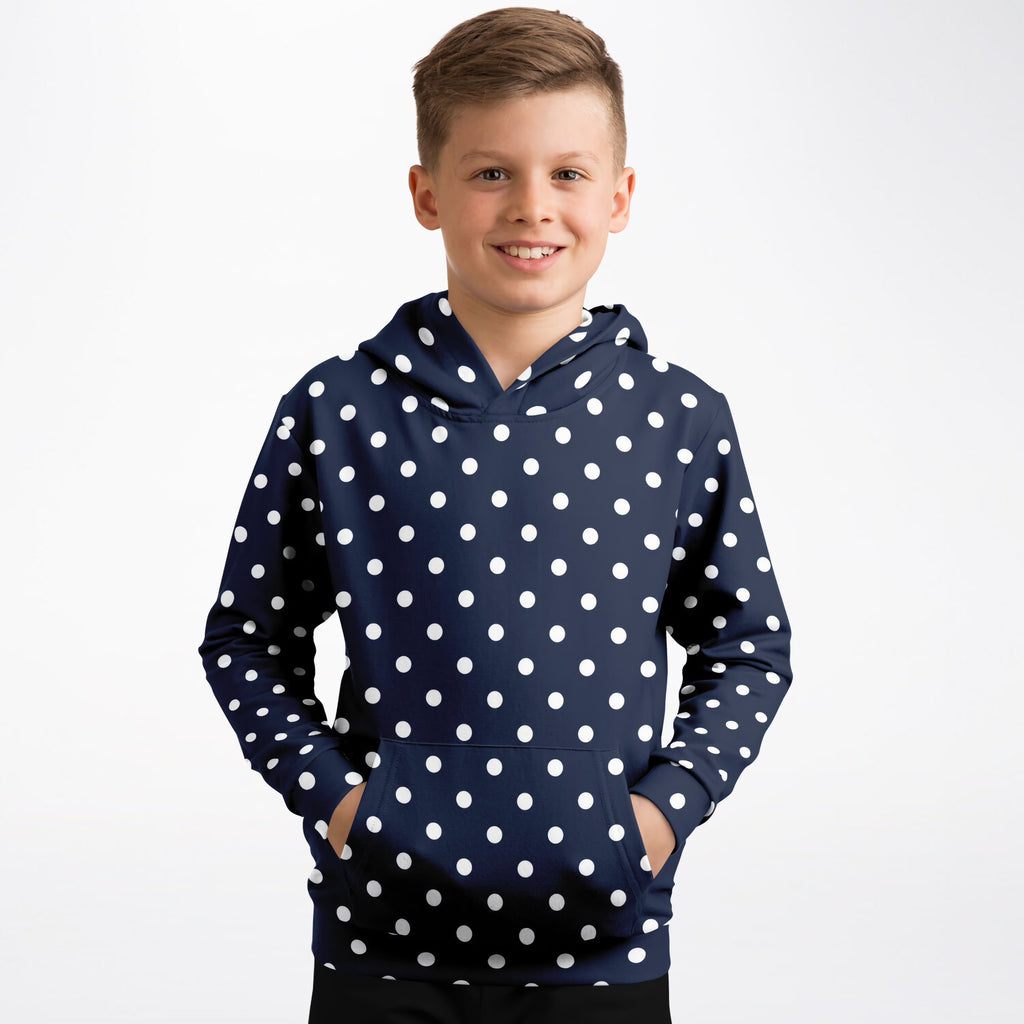 Kids Navy Blue Polka Dot Hoodie – Ultra Comfy & Stretchy, Cozy Fleece or Lightweight Sports Fabric, Double-Layer Hood & Kangaroo Pocket