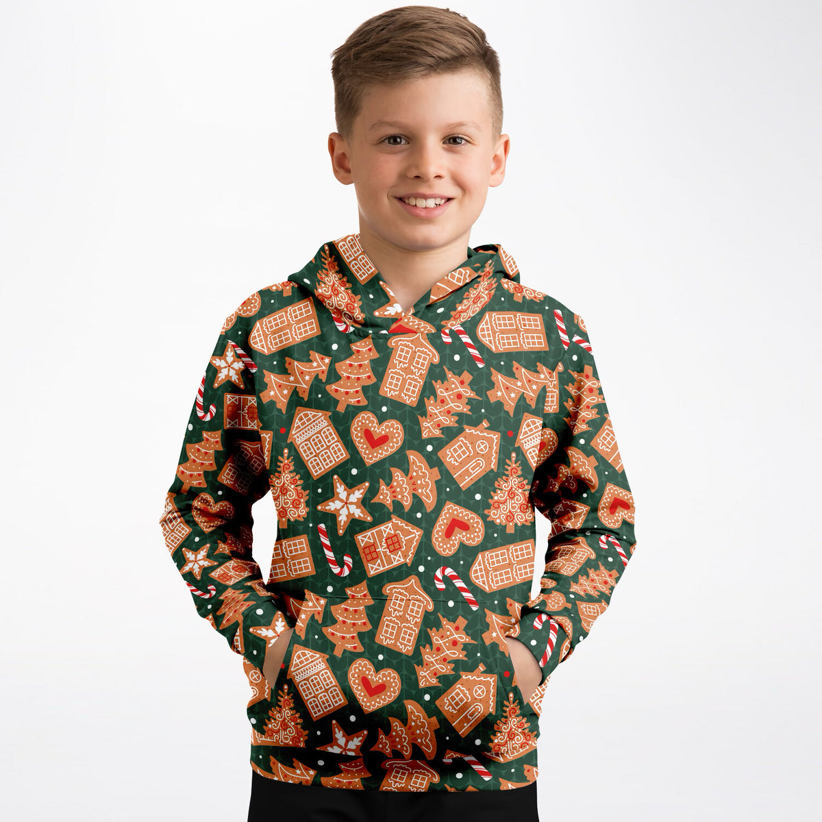 Kids Green Gingerbread Cookies Christmas Hoodie – Ultra Comfy & Stretchy, Cozy Fleece or Lightweight Sports Fabric, Double-Layer Hood & Kangaroo Pocket