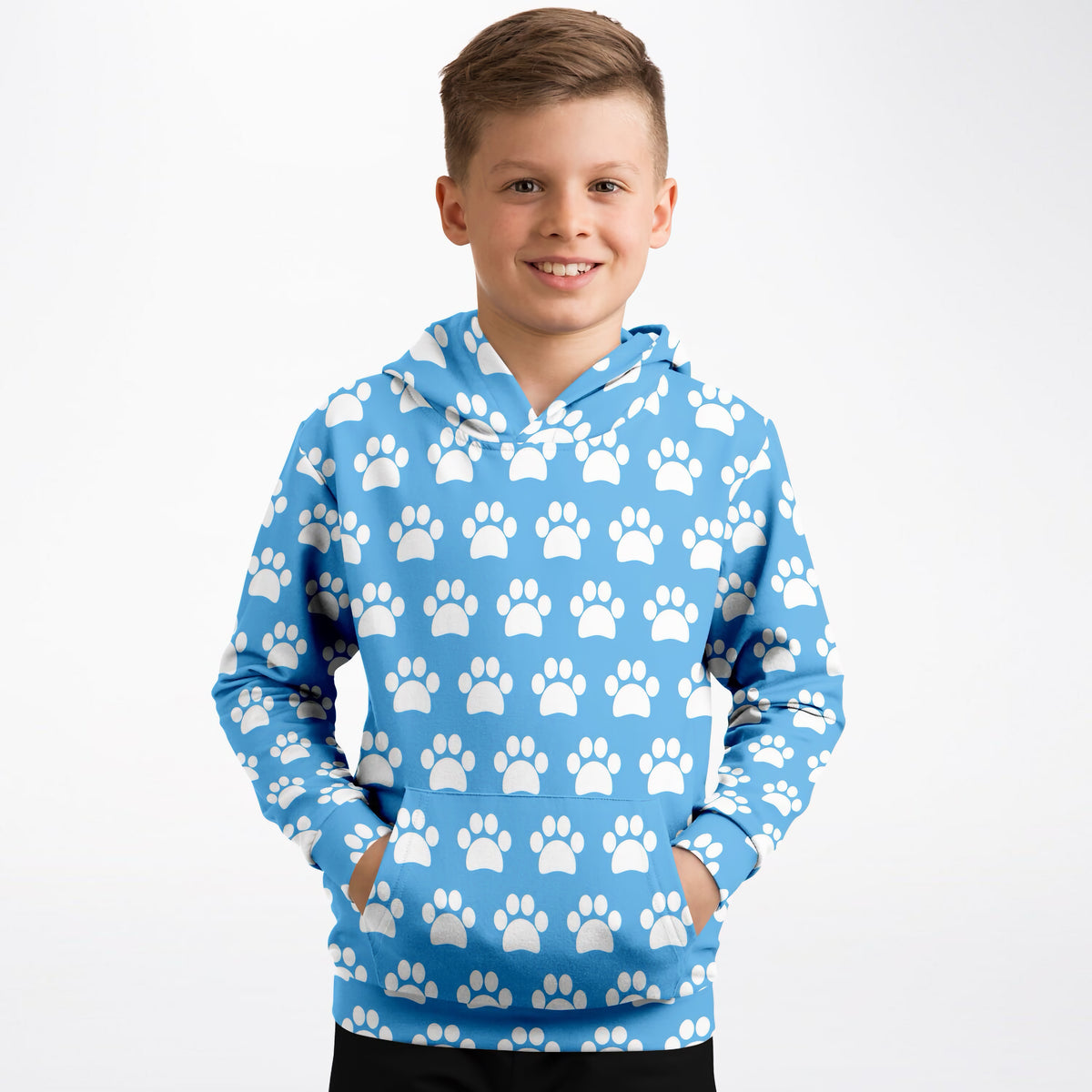 Kids Sky Blue Paw Print Hoodie – Ultra Comfy & Stretchy, Cozy Fleece or Lightweight Sports Fabric, Double-Layer Hood & Kangaroo Pocket