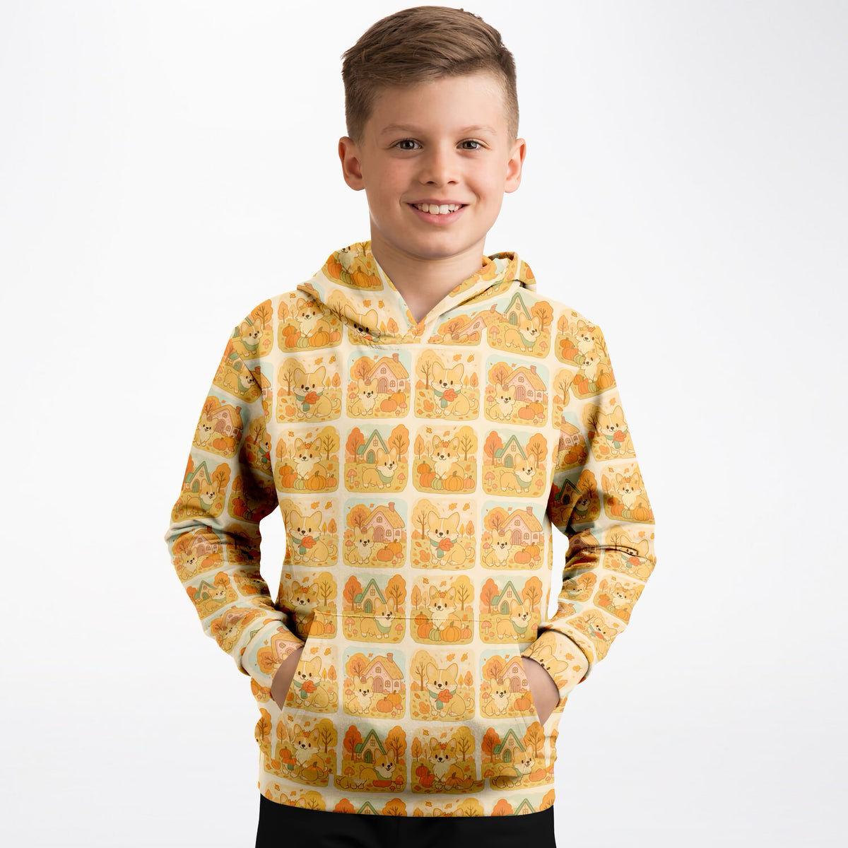 Kids Fall Corgi Dog Hoodie – Ultra Comfy & Stretchy, Cozy Fleece or Lightweight Sports Fabric, Double-Layer Hood & Kangaroo Pocket