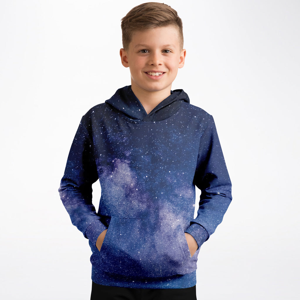 Kids realistic galaxy hoodie in navy blue and purple with star and nebula print made of cozy cotton fleece with pocket