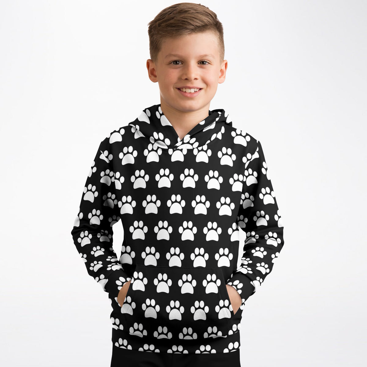 Kids Black Paw Print Hoodie – Ultra Comfy & Stretchy, Cozy Fleece or Lightweight Sports Fabric, Double-Layer Hood & Kangaroo Pocket