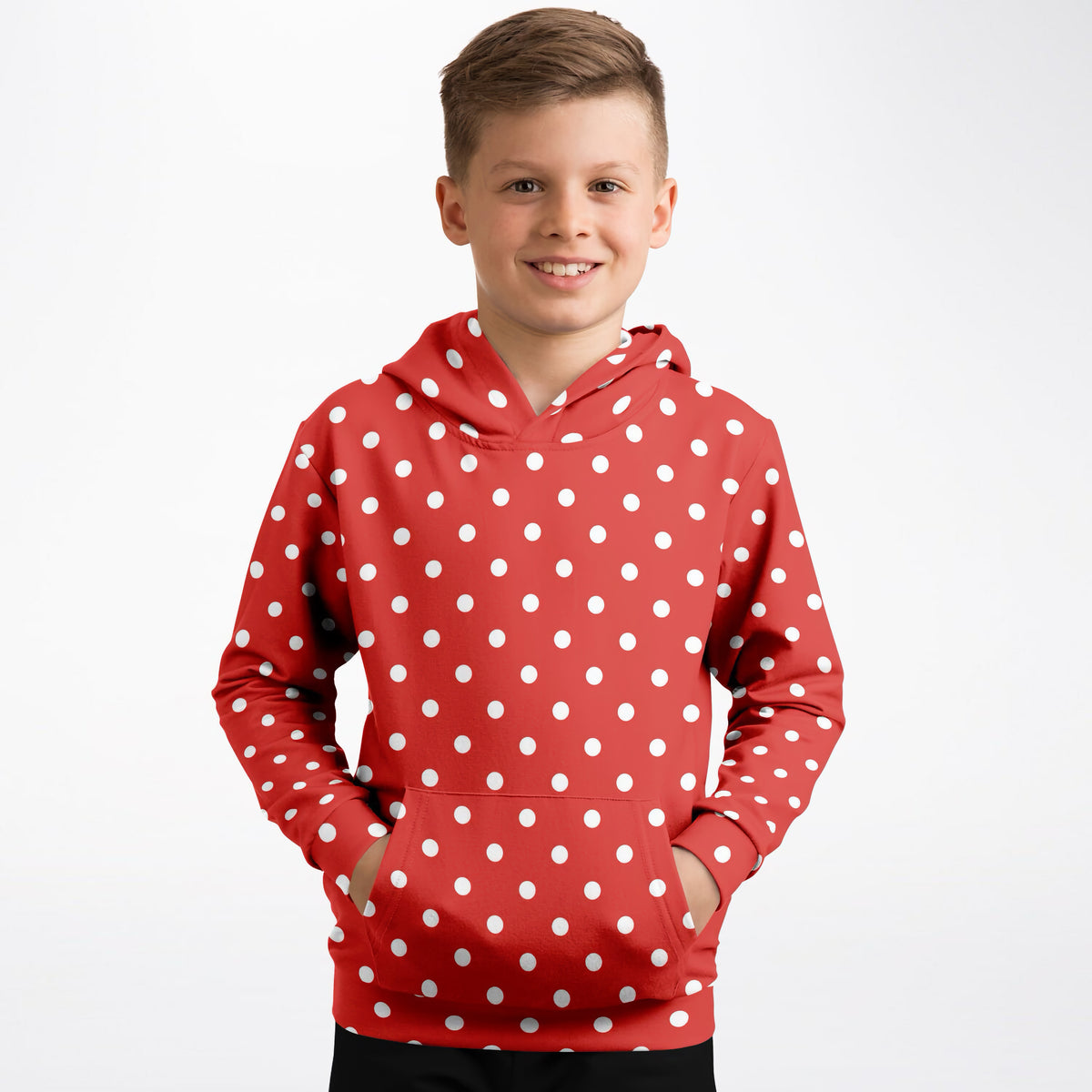 Kids Red Polka Dot Hoodie – Ultra Comfy & Stretchy, Cozy Fleece or Lightweight Sports Fabric, Double-Layer Hood & Kangaroo Pocket