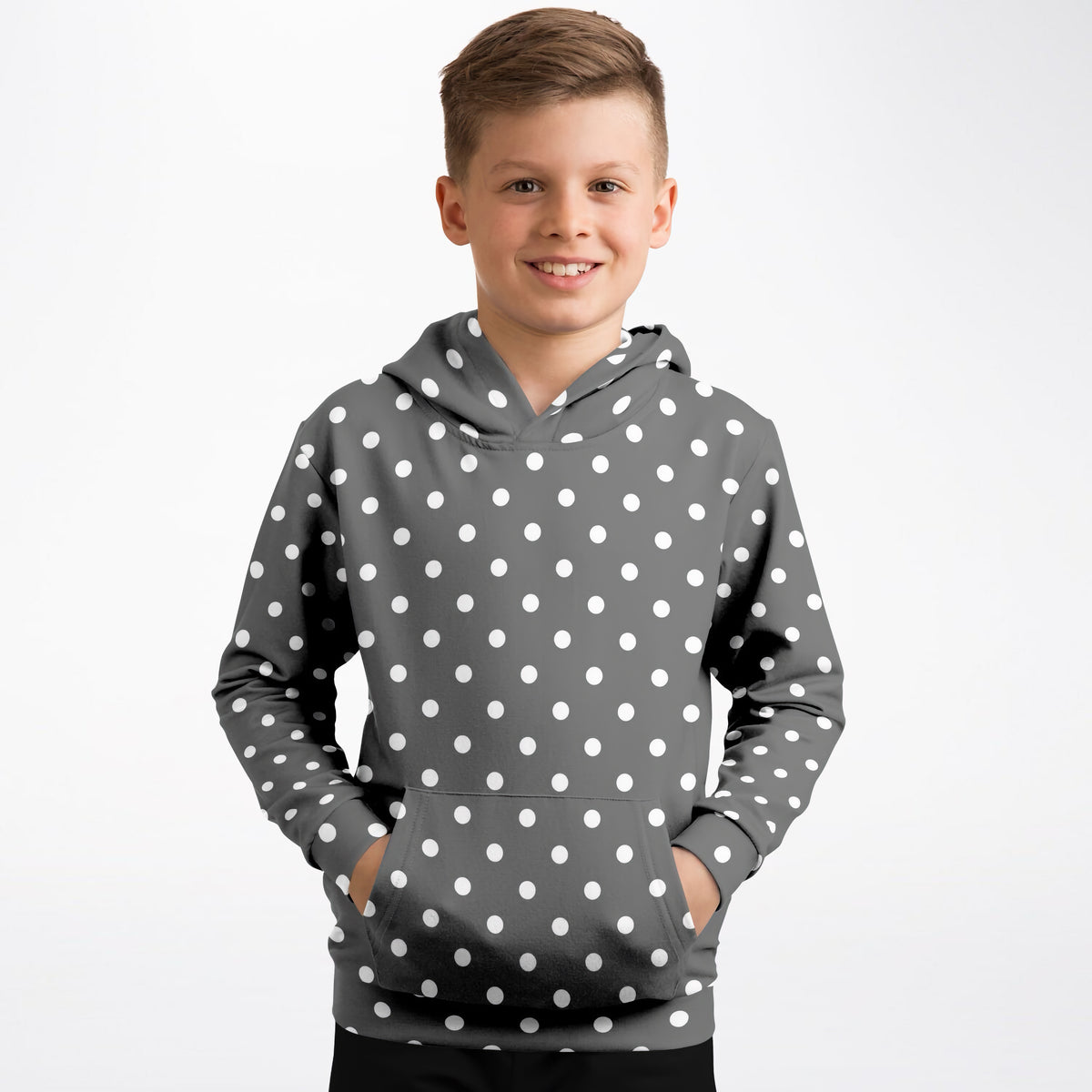 Kids Gray Polka Dot Hoodie – Ultra Comfy & Stretchy, Cozy Fleece or Lightweight Sports Fabric, Double-Layer Hood & Kangaroo Pocket