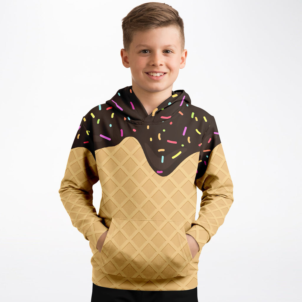 Kids Chocolate Ice Cream Cone Hoodie – Cozy Cotton Fleece or Lightweight Sports Fabric