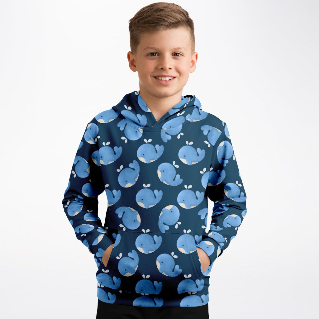 Kids Blue Whale Hoodie – Ultra Comfy & Stretchy, Cozy Fleece or Lightweight Sports Fabric, Double-Layer Hood & Kangaroo Pocket