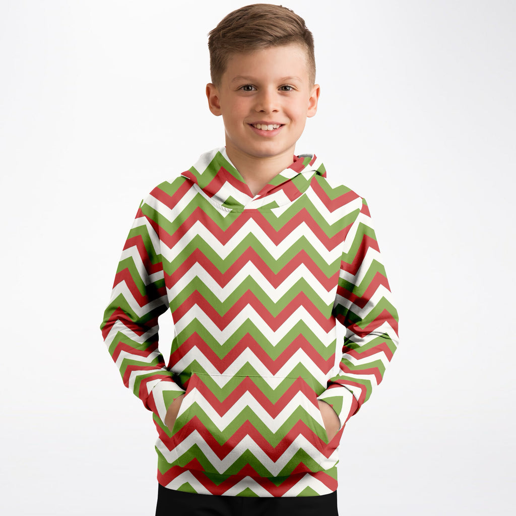 Kids Christmas Red & Green Chevron Hoodie – Ultra Comfy & Stretchy, Cozy Fleece or Lightweight Sports Fabric, Double-Layer Hood & Kangaroo Pocket
