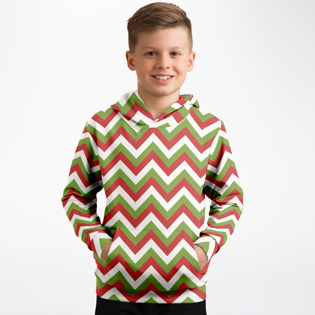 Kids Christmas Red & Green Chevron Hoodie – Ultra Comfy & Stretchy, Cozy Fleece or Lightweight Sports Fabric, Double-Layer Hood & Kangaroo Pocket