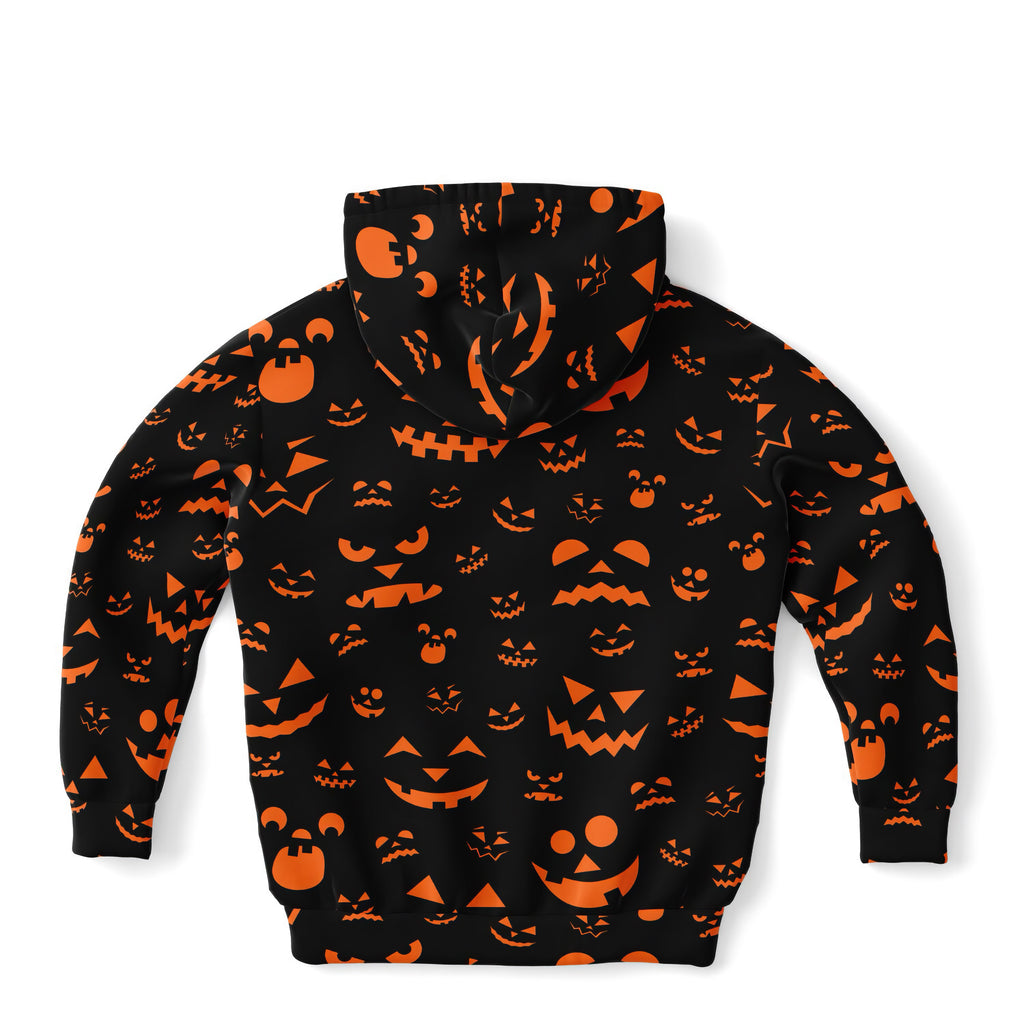 Kids orange jack-o-lantern halloween hoodie in black cotton fleece with vibrant orange pumpkin face pattern