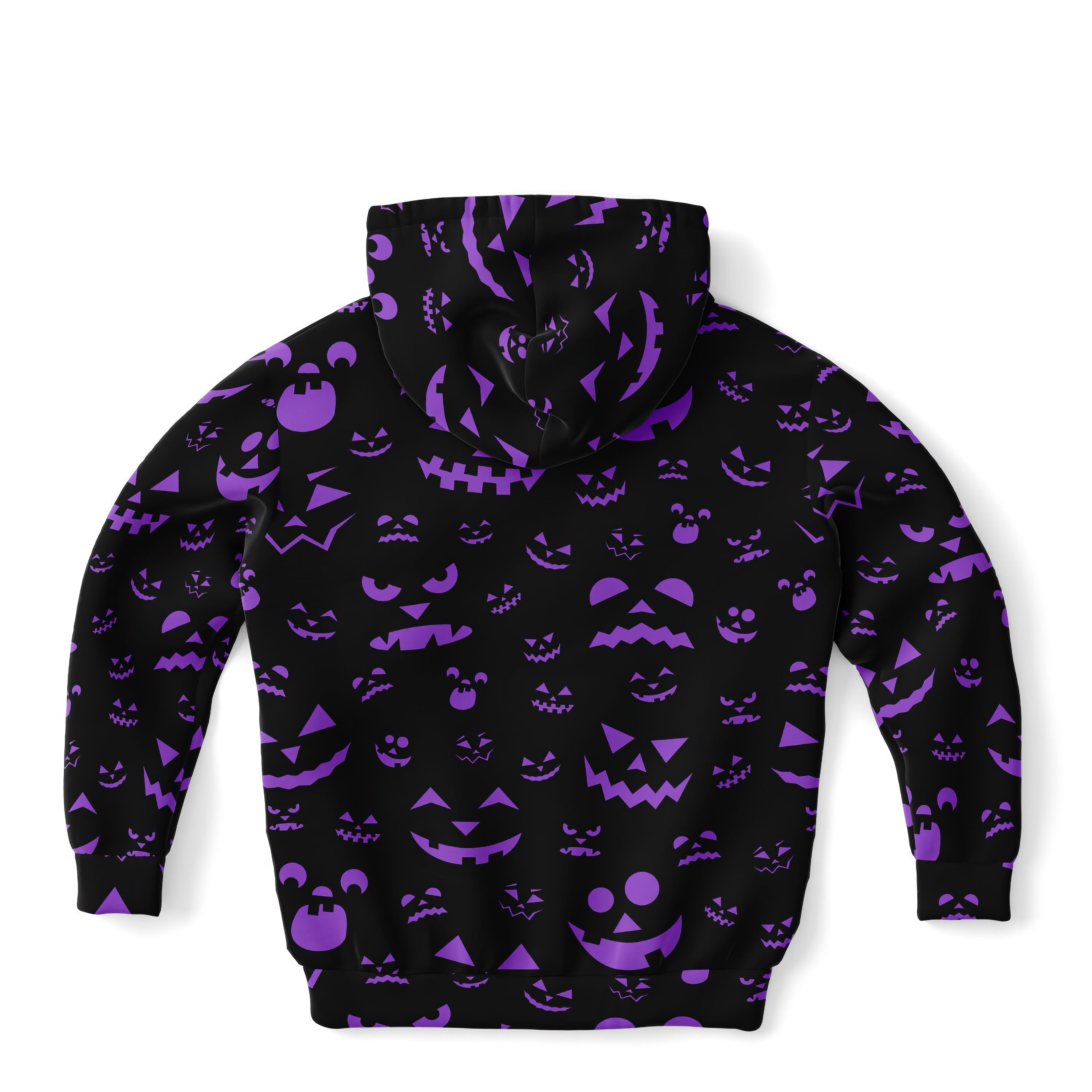 Black hoodie with vibrant purple all-over halloween jack-o-lantern print made of cozy cotton fleece for kids