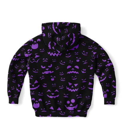 Kids Purple Jack-O’-Lantern Halloween Hoodie – Cozy Cotton Fleece or Lightweight Sports Fabric