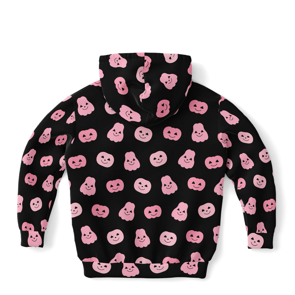 Black girls hoodie with playful pink smiling pumpkins and ghosts pattern made of cozy cotton fleece or lightweight fabric