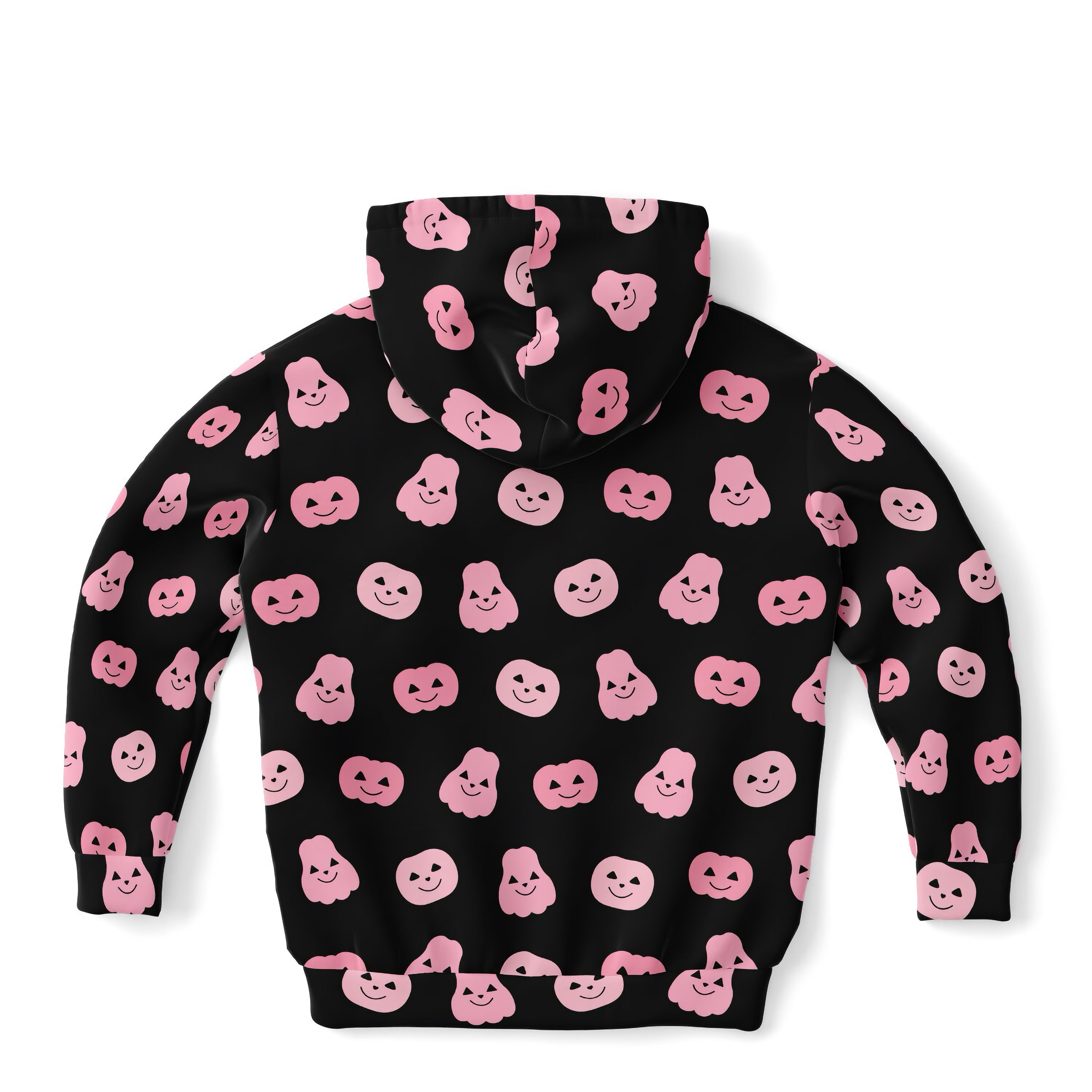 Black girls hoodie with playful pink smiling pumpkins and ghosts pattern made of cozy cotton fleece or lightweight fabric